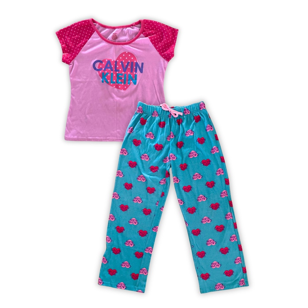2pc Calvin Klein Girls Pink & Blue Heart Logo Pajama Set Size 10/12